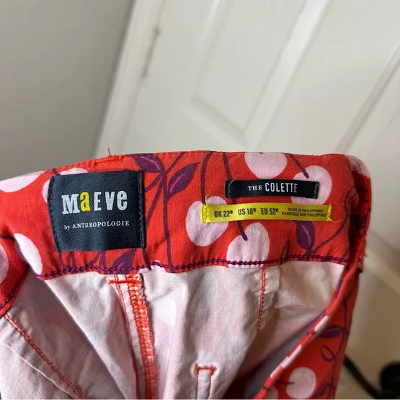 Anthro Maeve Red Pink Cherry Print The Colette High Rise Wide Leg Pant Sz 18W - Picture 8 of 10